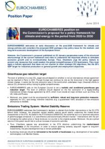 Position Paper June 2014 EUROCHAMBRES position on the Commission’s proposal for a policy framework for climate and energy in the period from 2020 to 2030