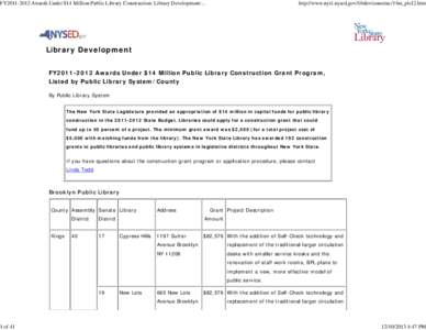 FY2011-2012 Awards Under $14 Million Public Library Construction: Library Development: New York State Library
