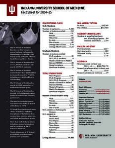 Indiana University School of Medicine Fact Sheet for 2014–[removed]Entering Class M.D. Students  •