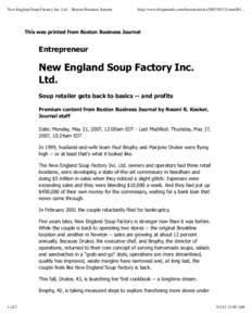 New England Soup Factory Inc. Ltd. - Boston Business Journal  http://www.bizjournals.com/boston/storiessmallb1... This was printed from Boston Business Journal