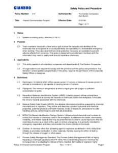 CIANBRO Policy Number: Title: Safety Policy and Procedure 012