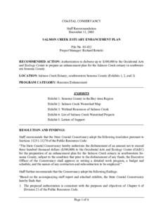 COASTAL CONSERVANCY Staff Recommendation December 11, 2003 SALMON CREEK ESTUARY ENHANCEMENT PLAN File No[removed]Project Manager: Richard Retecki