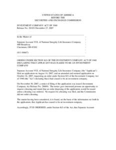 UNITED STATES OF AMERICA BEFORE THE SECURITIES AND EXCHANGE COMMISSION INVESTMENT COMPANY ACT OF 1940 Release No[removed]December 27, 2007 ___________________________________________________________