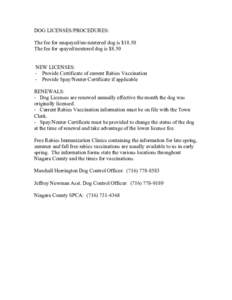 DOG LICENSES/PROCEDURES: The fee for unspayed/un-neutered dog is $18.50 The fee for spayed/neutered dog is $8.50 NEW LICENSES: - Provide Certificate of current Rabies Vaccination - Provide Spay/Neuter Certificate if appl