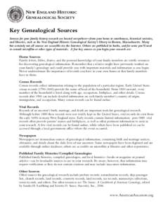 NEW ENGLAND HISTORIC GENEALOGICAL SOCIETY       Key Genealogical Sources