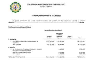 DON MARIANO MARCOS MEMORIAL STATE UNIVERSITY La Union, Philippines GENERAL APPROPRIATIONS ACT, FY 2012 For general administration and support, support to operations, and operations, including locally-funded project(s), a