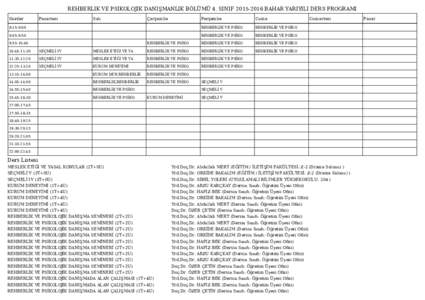 REHBERLIK VE PSIKOLOJIK DANIŞMANLIK BÖLÜMÜ 4. SINIFBAHAR YARIYILI DERS PROGRAMI Saatler Pazartesi  Salı