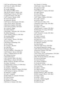 CAPT Jim and Rosemary Adkins CAPT Roy W. Adler, USN (Ret) Ms. Vicki Anderson Mr. Joseph Applegate Mrs. Barbara Griffith Arthur TMCM (SS) Edwin F. Atkins, USN