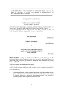 TAKE NOTICE THAT IF YOU NEGLECT TO OBEY THIS ORDER YOU MAY BE HELD IN CONTEMPT OF COURT AND LIABLE TO IMPRISONMENT OR SEQUESTRATION OF YOUR ASSETS No. HQand HQ