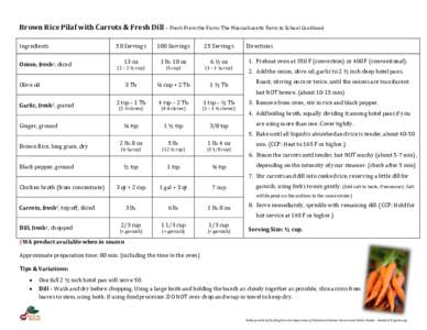 Brown Rice Pilaf with Carrots & Fresh Dill – Fresh From the Farm: The Massachusetts Farm to School Cookbook Ingredients Onion, fresh§, diced 50 Servings