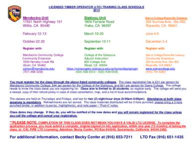 LICENSED TIMBER OPERATOR TRAINING CLASS SCHEDULE