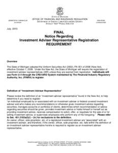 STATE OF MICHIGAN JENNIFER M. GRANHOLM GOVERNOR OFFICE OF FINANCIAL AND INSURANCE REGULATION DEPARTMENT OF ENERGY, LABOR & ECONOMIC GROWTH