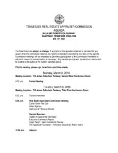TENNESSEE REAL ESTATE APPRAISER COMMISSION AGENDA 500 JAMES ROBERTSON PARKWAY NASHVILLE, TENNESSEE[removed][removed]