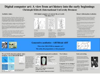 Digital computer art: A view from art history into the early beginnings Christoph Klütsch (International University Bremen) Aesthetic values 1965 digital computer art entered the art world “The three N’s”