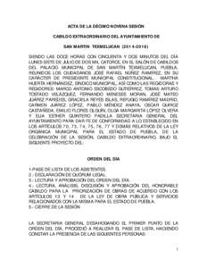 ACTA DE LA DÉCIMO NOVENA SESIÓN CABILDO EXTRAORDINARIO DEL AYUNTAMIENTO DE SAN MARTIN TEXMELUCANSIENDO LAS DOCE HORAS CON CINCUENTA Y DOS MINUTOS DEL DÍA LUNES SIETE DE JULIO DE DOS MIL CATORCE, EN EL SAL