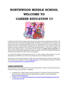 NORTHWOOD MIDDLE SCHOOL WELCOME TO CAREER EDUCATION !!!! In 2005, the State of South Carolina passed The Education and Economic Development Act (EEDA). The EEDA requires that by the end of the eighth grade, all students 