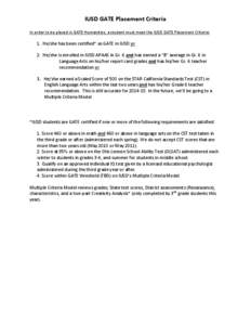 IUSD GATE Placement Criteria In order to be placed in GATE Humanities, a student must meet the IUSD GATE Placement Criteria: 1. He/she has been certified* as GATE in IUSD or 2. He/she is enrolled in IUSD APAAS in Gr. 6 a