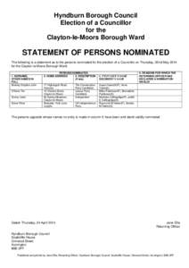 Hyndburn Borough Council Election of a Councillor for the Clayton-le-Moors Borough Ward  STATEMENT OF PERSONS NOMINATED