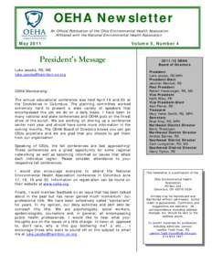OEHA Newsletter An Official Publication of the Ohio Environmental Health Association Affiliated with the National Environmental Health Association May 2011