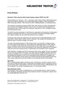 Press Release Neumayer Tekfor acquires Italian based forging company OMVP from SKF Offenburg/Germany, February 1, 2011 – Neumayer Tekfor Holding GmbH, Offenburg/Germany,