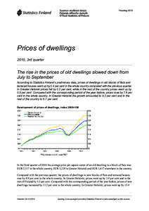 Housing[removed]Prices of dwellings 2010, 3rd quarter  The rise in the prices of old dwellings slowed down from