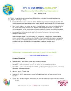 IT’S IN OUR HANDS MARYLAND! How Community & Social Service Organizations Use Census Data In FY2007 alone Maryland received over $5.8 billion in federal formula -based grants ($1,000 per person per year) Census informat