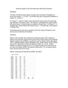 Eleventh update of the 2010 Helicopter Monitoring Program  Floatables: The New York/New Jersey Harbor Complex was monitored for floatables six times from August[removed], 2010. The Harbor was clear of significant floatable