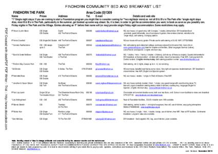 FINDHORN COMMUNITY BED AND BREAKFAST LIST FINDHORN THE PARK Name Prices