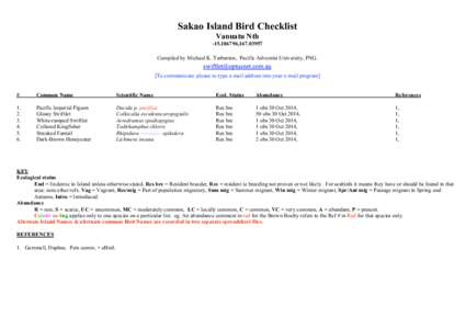 Sakao Island Bird Checklist Vanuatu Nth,Compiled by Michael K. Tarburton, Pacific Adventist University, PNG. [To communicate: please re-type e-mail address into your e-mail program] #