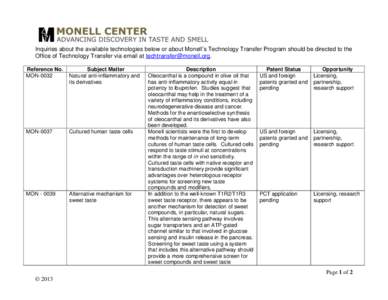 Inquiries about the available technologies below or about Monell’s Technology Transfer Program should be directed to the Office of Technology Transfer via email at [removed]. Reference No. MON[removed]Subje