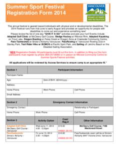 Access Services Summer Sport Festival Registration Form