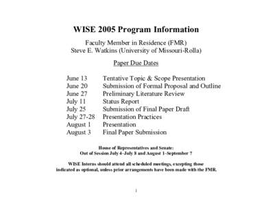 WISE 2005 Program Information Faculty Member in Residence (FMR) Steve E. Watkins (University of Missouri-Rolla) Paper Due Dates June 13 June 20