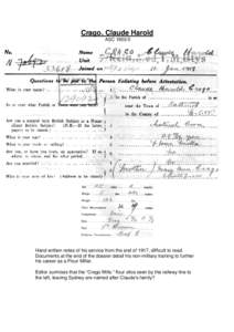 Crago, Claude Harold ASCHand written notes of his service from the end of 1917, difficult to read. Documents at the end of the dossier detail his non-military training to further his career as a Flour Miller.