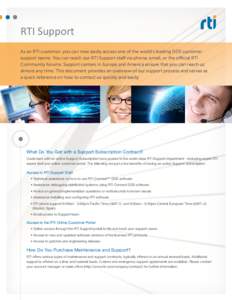 RTI Support As an RTI customer, you can now easily access one of the world’s leading DDS customer support teams. You can reach our RTI Support staff via phone, email, or the official RTI Community forums. Support cente