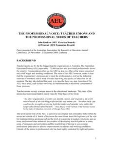 THE PROFESSIONAL VOICE: TEACHER UNIONS AND THE PROFESSIONAL NEEDS OF TEACHERS John Graham (AEU Victorian Branch) Jeff Garsed (AEU Tasmanian Branch) Paper presented at the Australian Association for Research in Education 