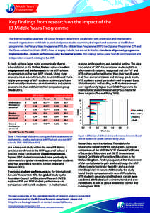 Key findings from research on the impact of the IB Middle Years Programme The International Baccalaureate (IB) Global Research department collaborates with universities and independent research organizations worldwide to