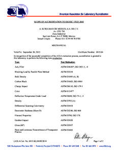 SCOPE OF ACCREDITATION TO ISO/IEC[removed]A. SCHULMAN DE MEXICO, S.A. DE C.V. Av. CFE 730 Zona Industrial San Luis Potosi, S.L.P 78090, Mexico Ismael Crispin