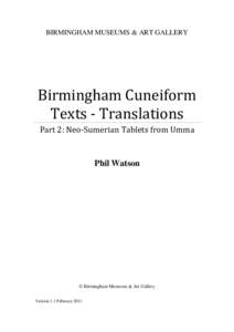 BIRMINGHAM MUSEUMS & ART GALLERY  Birmingham Cuneiform Texts - Translations Part 2: Neo-Sumerian Tablets from Umma