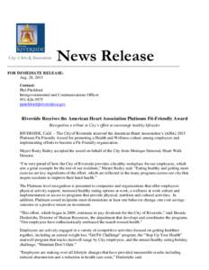 News Release FOR IMMEDIATE RELEASE: Aug. 28, 2015 Contact: Phil Pitchford Intergovernmental and Communications Officer