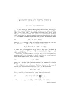 QUADRATIC FORMS AND ELLIPTIC CURVES III  KEN ONO# and TAKASHI ONO There have been many investigations regarding the distribution of ranks of elliptic curves in natural families, and it is believed that the vast majority 