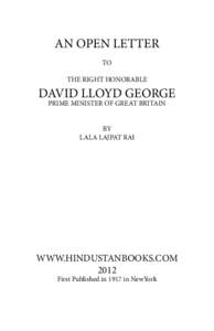 AN OPEN LETTER TO THE RIGHT HONORABLE DAVID LLOYD GEORGE PRIME MINISTER OF GREAT BRITAIN