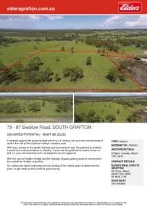 eldersgrafton.com.au[removed]Swallow Road, SOUTH GRAFTON UNLIMITED POTENTIAL - MUST BE SOLD! A fantastic opportunity presents itself with this 3.9 hectare, 9.6 acre commercial block of land in the hub of the Clarence Va