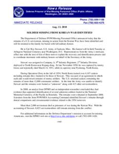 New s R elease Defense Prisoner of War/Missing Personnel Office (Public Affairs) Washington, DC[removed]Phone: ([removed]Fax[removed]