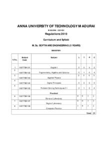 ANNA UNIVERSITY OF TECHNOLOGY MADURAI MADURAI – [removed]Regulations 2010 Curriculum and Syllabi M.Sc. SOFTWARE ENGINEERING (5 YEARS)