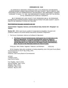 ORDINANCE NOAN ORDINANCE AMENDING ORDINANCE #06-44 AN ORDINANCE ESTABLISHING COMPREHENSIVE ZONING REGULATIONS FOR LAKE COUNTY, SOUTH DAKOTA, AND PROVIDING FOR THE ADMINISTRATION, ENFORCEMENT, AND AMENDMENT THEREO