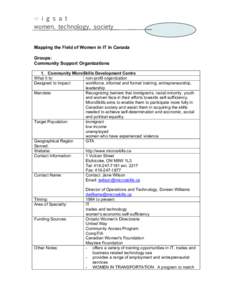 w i g s a t women, technology, society Mapping the Field of Women in IT in Canada Groups: Community Support Organizations 1. Community MicroSkills Development Centre