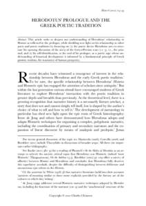 Histos  () –  HERODOTUS’ PROLOGUE AND THE GREEK POETIC TRADITION Abstract: This article seeks to deepen our understanding of Herodotus’ relationship to Homer as reflected in the prolog