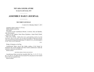 NEVADA LEGISLATURE Seventy-Seventh Session, 2013 ASSEMBLY DAILY JOURNAL THE THIRTY-SIXTH DAY CARSON CITY (Monday), March 11, 2013