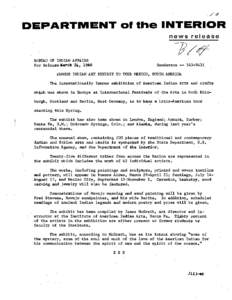 DEPARTMENT 01 the INTERIOR news release BUREAU OF INDIAN AFFAIRS For Release )larch 24, 1968