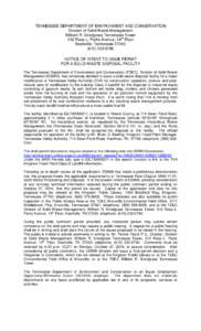 TENNESSEE DEPARTMENT OF ENVIRONMENT AND CONSERVATION Division of Solid Waste Management William R. Snodgrass Tennessee Tower 312 Rosa L. Parks Avenue, 14th Floor Nashville, Tennessee[removed]0780